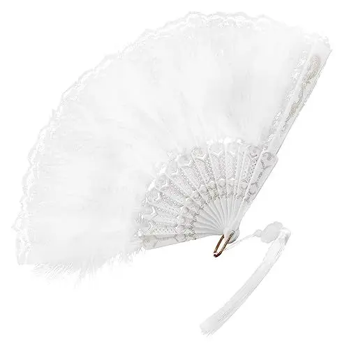 Produktbild: Ciieeo Lüfter Federfächer Braut-Fan Hochzeitsfans Pfauenfan Tanz-Requisiten Leistungsfan Hochzeitsfächer Für Gäste Faltfächer Für Teepartys Braut-handfächer Antiquität Metall Weiß Faltbar