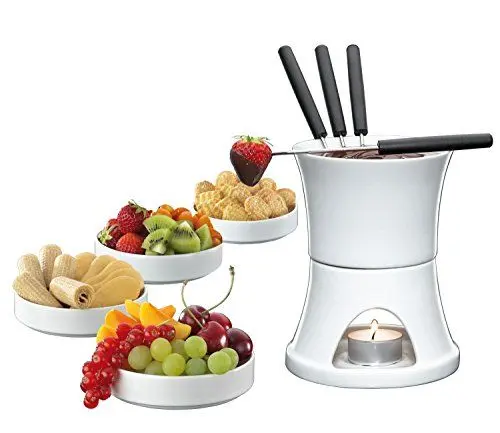 Produktbild: Cilio Schokoladenfondue 10-tlg. , Schokoladen-Fondue-Set aus feuerfestem Hartporzellan , ø 12 cm , Inkl. Fonduetopf, Rechaud, 4 Fonduegabeln, 4 Schüsseln aus Porzellan und 1 Teelicht