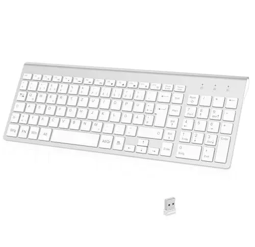 Produktbild: cimetech Tastatur Kabellos Ergonomische Kabellose Tastatur Flache Tasten 2,4 GHz Wireless Keyboard Funktastatur QWERTZ Layout 10m Reichweite Kompatibel mit PC, Desktop, Notebook, Laptop (Slim_Silber)