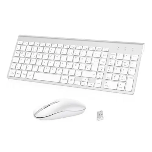 Produktbild: cimetech Tastatur Maus Set Kabellos, 2.4G Ultraslim Kabellose Tastatur mit Funkmaus, QWERTZ Deutsches Layout, 10m Reichweite, für PC, Desktop, Notebook, Laptop, Windows (Silber)