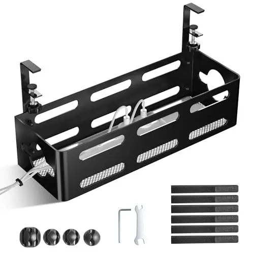 Produktbild: Cinati Kabelmanagement-Tablett unter dem Schreibtisch, Kabelmanagement-Box aus Metall mit Desktop-Kabel-Organizer und Desktop-Kabelmanagement-Kit
