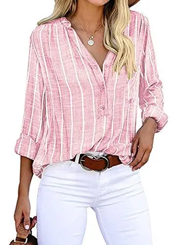Produktbild: Cindeyar Bluse Damen Langarm Streifen Oberteile Casual Langarmshirt Tops Lose Baumwolle Tunika Hemd (L, Rosa)