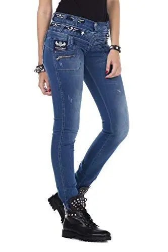 Produktbild: Cipo & Baxx Damen Jeans Hose Slim Fit Dreifachbund Used Straight Fit Denim Patches Pants CBW-0282 Blau W28 L34