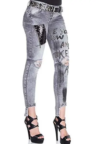 Produktbild: Cipo & Baxx Damen Jeanshose Destroyed Slim Fit Pailletten Patches Denim Jeans Pants Grau W30 L32