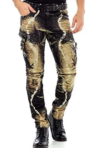Produktbild: Cipo & Baxx Herren Biker Jeans Ripped-Destroyed-Frayed-Slim Fit Jeans Hose mit Nieten und Muster Khaki W31 L32