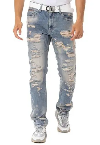 Produktbild: Cipo & Baxx Herren Jeans Hose Denim Regular Fit Destroyed Jeanshose CD843 Blau W33 L32