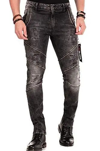 Produktbild: Cipo & Baxx Herren Jeans Hose Destroyed Denim Jeanshose Röhrenjeans Used Casual Nieten CD452 Schwarz W33 L34