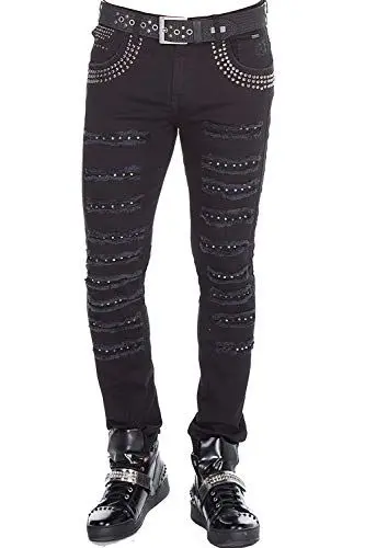 Produktbild: Cipo & Baxx Herren Jeans Hose Destroyed Ripped Frayed Slim Fit Design Denim Hose Nieten CD409 Schwarz W31 L34