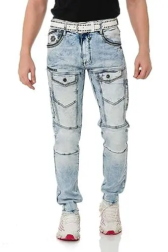 Produktbild: Cipo & Baxx Herren Jeans Hose Regular Fit Bikerhose Nieten Taschen Denim Freizeithose CD810 Hellblau W30 L34