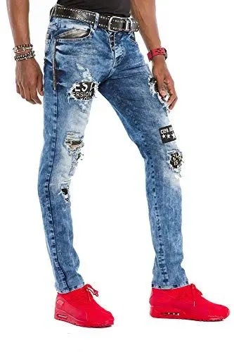 Produktbild: Cipo & Baxx Herren Jeans Hose Slim-Fit Ripped Frayed Destroyed Skinny Fit Regular Fit Denim Hose mit Batches Blau W31 L32