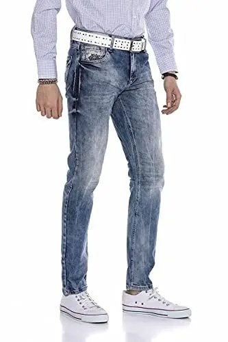 Produktbild: Cipo & Baxx Herren Jeans Hose Straight Fit Kontrastnaht Regular Denim Pants Freizeithose CD319 Blau W33 L32