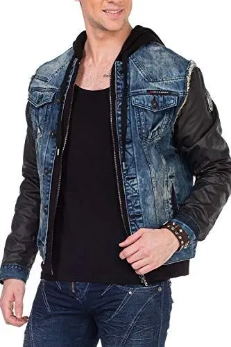 Produktbild: Cipo & Baxx Herren Jeansjacke Sweatjacke Übergangsjacke Kapuze Designer Kunstlederärmel Denimjacke Jacke mit Sweatkapuze Gr.4XL Blau