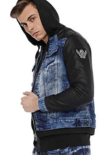 Produktbild: Cipo & Baxx Herren Jeansjacke Sweatkapuze Kunstleder Bikerjacke Freizeitjacke CJ235 Blau 4XL