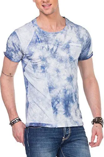 Produktbild: Cipo & Baxx Herren T-Shirt Batik Rundhals Kurzarm Freizeitshirt Brusttasche Baumwolle Shirt CT248 Blau M