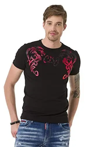 Produktbild: Cipo & Baxx Herren T-Shirt Print Rundhals Kurzarm Baumwolle Freizeitshirt Steinbestickung Shirt CT679 Schwarz L