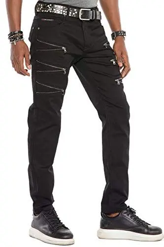Produktbild: Cipo & Baxx Herren ausgefallene Denim Straight Fit Designer Jeans Hose mit Reißverschluss Schwarz W32 L34