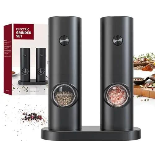 Produktbild: CIRCLE JOY Salz und Pfeffermühlen Elektrische 2er Set Batteriebetriebenen Gewürzmühle mit Basis, Weißem LED-Licht und Einstellbarer Grobheit, Schwarz