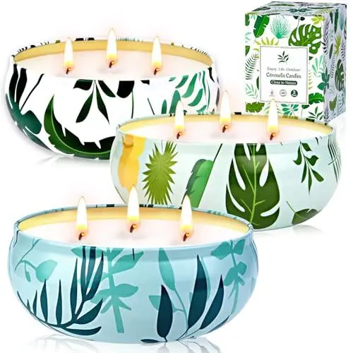 Produktbild: Citronella Kerze Outdoor Groß, 3 x 400ml Draußen Kerzen 3 Docht Natürliche Sojawachs Zitronella Kerze Garten Citronella Duft Kerze Indoor Beste Geschenk für Camping Picknick Terrasse,90h Brenndauer