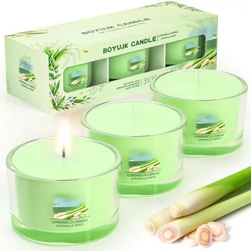Produktbild: Citronella Kerze Outdoor - Natürliche Sojawachs Kerzen 3er Set mit Citronella Duft für Garten, Camping, Picknicks, Balkon, Terrasse - 12 Stunden Brenndauer pro Kerze