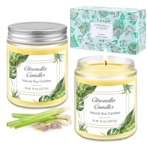 Produktbild: Citronella Kerze Outdoor im Glas, 2 Stücke Outdoor Kerzen Groß, Natürliche Sojawachs Zitronella Kerze draußen für Garten, Camping, Indoor, Terrasse, Picknicks, Sommergeschenk