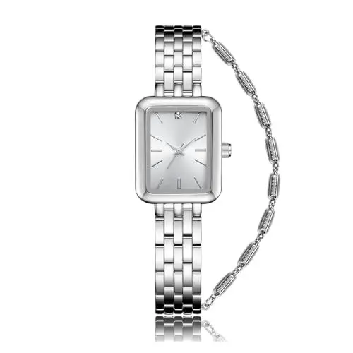 Produktbild: CIVO Armbanduhr-Damen Silber Rechteckig Analog-Damenuhr - Designer Mode Wasserdicht Uhr Damen Elegant Edelstahl Quarzuhr mit Armband, Geschenke für Frauen