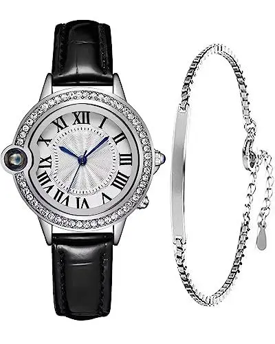 Produktbild: CIVO Armbanduhr Damen Set Leder Analog Damen Uhr Wasserdicht Uhr und Armband Set Damen Klassisch Damenuhr Schwarz Elegante Quarz Minimalistische Geschenkset fur Frauen