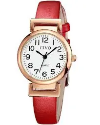 Produktbild: CIVO Damen Uhr Leder Rot Analog Quarz Wasserdicht Armbanduhr für Frauen Minimalistische Klassisch Elegante Lässig Kleid Geschenke Uhren fur Damen Frauen