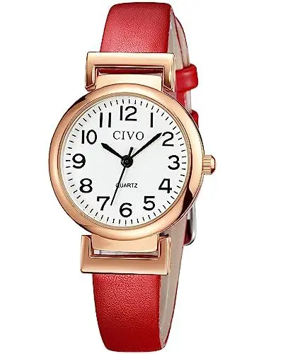 Produktbild: CIVO Damen Uhr Leder Rot Analog Quarz Wasserdicht Armbanduhr für Frauen Minimalistische Klassisch Elegante Lässig Kleid Geschenke Uhren fur Damen Frauen