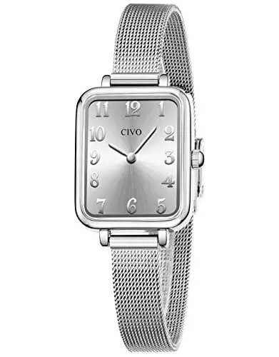 Produktbild: CIVO Damen Uhr Silber Wasserdicht Minimalistisch Rechteck mit Edelstahl Mesh Armband Mode Kleid Elegant Beiläufig Quarzuhr für Damen