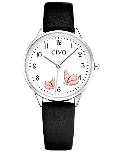 Produktbild: CIVO Damenuhr-Lederarmband Schwarz Armbanduhr-Damen Analog-Quarz Elegant - Uhren Damen mit Zahlen Kleid Wasserdicht Mode Geschenke für Frauen