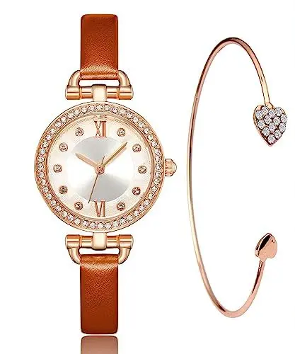 Produktbild: CIVO Damenuhr Leder Minimalistisch Damen Uhr Set Armreif Wasserdicht Armbanduhr Damen Uhr Edelstahl Armband Mode Kleid Elegant Beiläufig Designer Quarzuhr Ultradünne