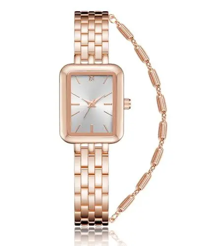Produktbild: CIVO Damenuhr und Armband Rechteckig Rosègold Edelstahl Armbanduhr Damen Designer Einfache Wasserdicht Analog Quarz Uhr, Klassische Geschenke für Frauen