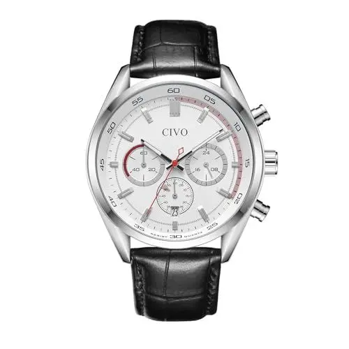 Produktbild: CIVO Uhren-Herren Lederarmband-Schwarz Chronograph Armbanduhr-Herren - klassisch Analog Datum Wasserdicht Herrenuhren Weiß Lässig Quarzuhr, Geschenke Männer