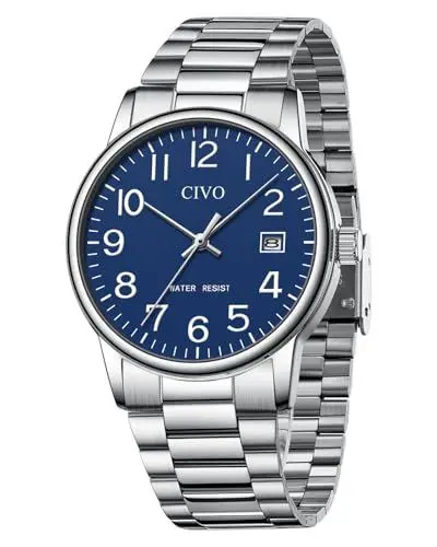Produktbild: CIVO Uhren Herren Edelstahl Armbanduhr: Wasserdicht Männer Uhr Blau Ziffernblatt Klassisch - Silber Herren Uhr Analog Quarz mit Datum