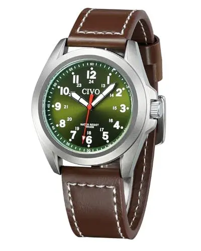 Produktbild: CIVO Uhren Herren Lederarmband Militär: Braun Analog Quarz Herrenuhr Militärzeit Wasserdicht - Armbanduhr Herren Grün Zifferblatt für Sport Outdoor