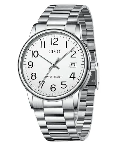 Produktbild: CIVO Uhren Herren Silber Armbanduhr: Wasserdicht Männer Uhr Weiß Ziffernblatt Klassisch - Edelstahl Herren Uhr Analog Quarz mit Datum