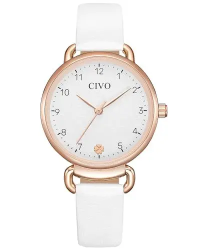 Produktbild: CIVO-Damenuhr Lederarmband-Weiß Armbanduhr-Damen Analog-Quarz Uhren Damen mit Zahlen Kleid Wasserdicht Geschenke für Frauen, 2275C