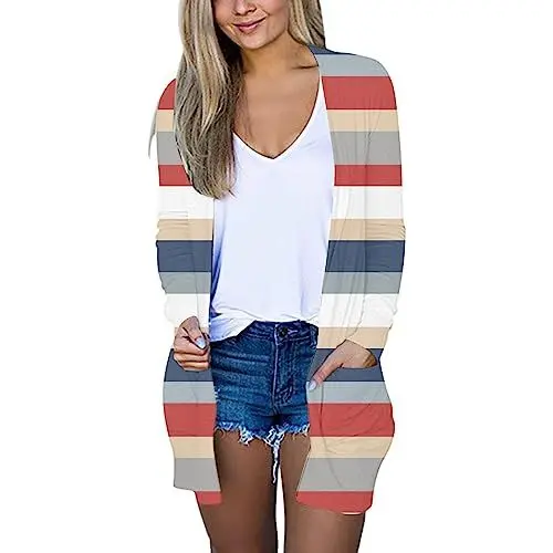 Produktbild: CixNy Cardigan Damen Langarm Gestreifter Druck Strickjacke Oversize Langes Jacke Elegant Überschnittene Schultern Strickmantel Kragenlos Open Front Outwear mit Taschen(H Blau,XL)