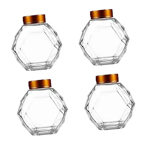 Produktbild: CIYODO 4 Stück Honig Flasche klarer Behälter Honigglas für die Küche transparente Honigflasche honey dispenser honigspender honigdosierer Bienenhonig Glas Honig klares Glas Eisen Golden