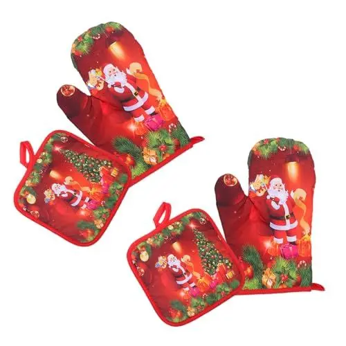 Produktbild: CIYODO Kochhandschuhe 4 Stück Weihnachtstischsets Fäustlinge Wärmeisolierung Küchenbedarf – Verbrühungsschutz Für Ofen Mikrowelle Rot