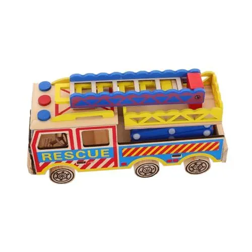 Produktbild: CIYODO Feuerwehr Spielzeugauto Holzmodell mit Drehleiter Buntes Lernspielzeug für Feuerwehrauto Cognition Toy Kreatives für Jungen und Mädchen Realistische Details Jahre