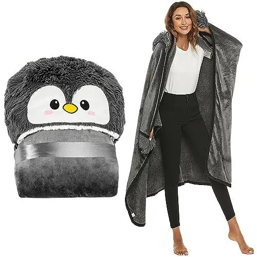 Produktbild: Pinguin Decke mit Kapuze, CJBIN 152x125cm Tragbare Decke Pinguin Geschenk für Frauen, Warme Sofadecke Pinguin Kuscheldecke Flauschig als Weihnachten Thanksgiving Geburtstagsgeschenk für Frauen Mädchen