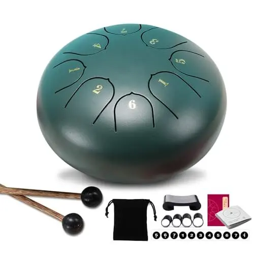 Produktbild: CJBIN Regentrommel Outdoor, Rain Drum, 6 Zoll 8 Töne Zungentrommel, Raindrum Garten Chakra Drum mit Trommelstöcken, Notenbuch, Kordelzugtasche, Regen Trommel Tongue Drum für Meditation Yoga Garten