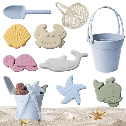 Produktbild: CJBIN Sandkasten Spielzeug, 8 Stück Sandspielzeug Set aus Silikon, Strandspielzeug mit Eimer, Spaten, Tiermodelle und Maschenbeutel, Sandschaufel Kinder für Jungen und Mädchen, Outdoor und Geschenke