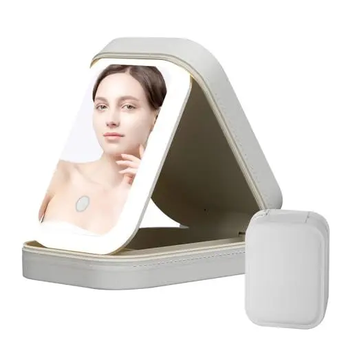 Produktbild: CJBIN Schminktasche mit Spiegel und Licht, Dreifarbig Einstellbarer LED Makeup Spiegel, Kosmetiktasche mit Spiegel, Tragbare Kosmetiktasche mit Trennwänden, Make Up Organizer Tasche für Ausflüge