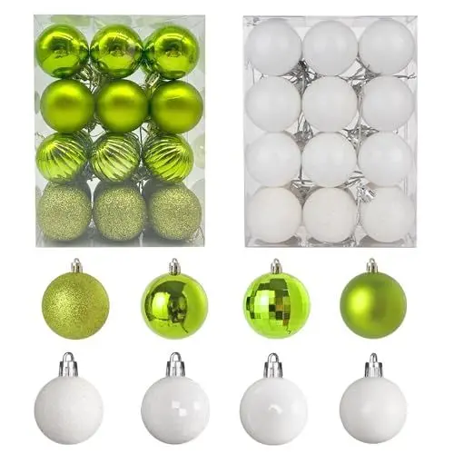 Produktbild: CJBIN Weihnachtskugeln Weiß und Grün, 48 Stück Weihnachtskugeln Kunststoff Set, 4 cm Mini Christbaumkugeln Weiß mit Hängeseil, Christbaumschmuck Grün Weihnachtsbaumkugeln Deko Weihnachten