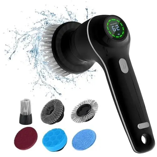 Produktbild: CkeyiN Elektrische Reinigungsbürste, Kabelloser Fugenreiniger mit 7 Austauschbaren Bürstenköpfen für Bad Auto und Küche, Handheld Power Spin Scrubber Fugenbürste Mit LED Anzeige, 2 Modi, Schwarz