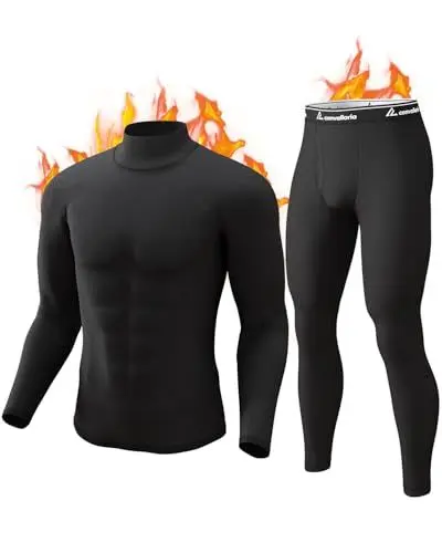 Produktbild: CL convallaria Thermounterwäsche Herren, Funktionsunterwäsche Skiunterwäsche Atmungsaktiv Innenfleece Winter Thermowäsche Warm Thermounterhemd Thermounterhose für Männer, Turtle Neck-Schwarz
