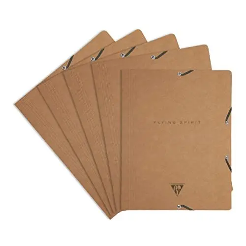 Produktbild: Clairefontaine 103514C - Packung mit 5 Sammelmappen Flying Spirit mit Gummizug und 3 Klappen, 24x32cm, Braun Motive sortiert, 1 Pack