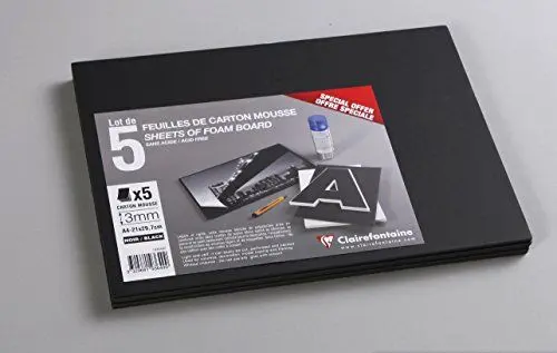 Produktbild: Clairefontaine 193649C Packung (mit 5 Schaumkartons, DIN A4 21 x 29,7 cm, 3 mm, säurefrei, leicht und fest, geeignet für Dekorationsarbeiten, zur Bilderrahmung, zum Modellieren) 5er Pack schwarz
